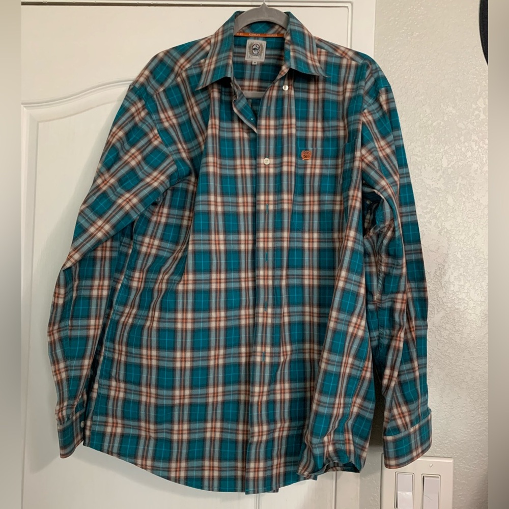 Cinch Teal and Brown Plaid Button-Down Shirt